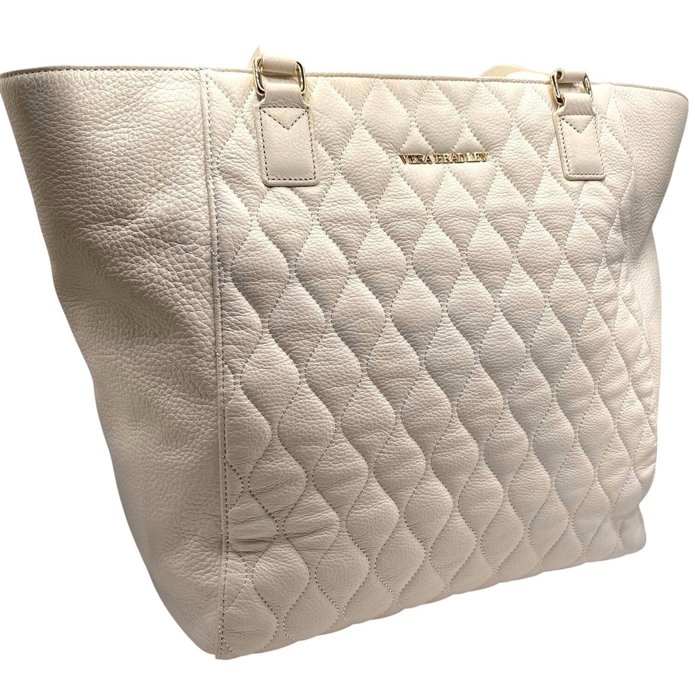 Vera Bradley Leather Tote Ella Bag White Quilted Pebbled Shoulder Zip Top